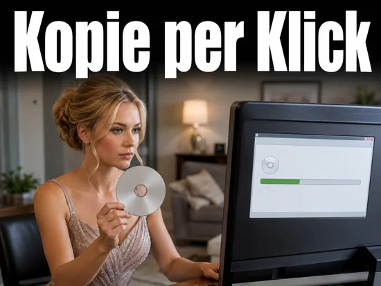 Frau mit silberner DVD vor einem Monitor mit laufendem Brennprogramm als Symbol fuer die Kopiersoftware 123 Copy