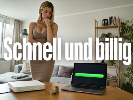DSL-Router mit gruenen LEDs, Muenzstapel und Notebook mit vollem Tempo-Balken, davor eine Frau