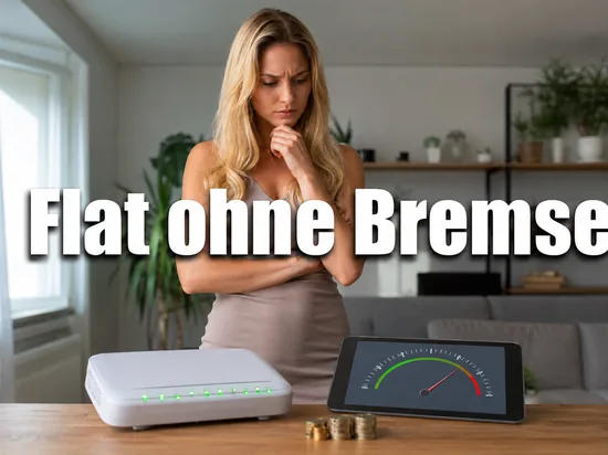 DSL-Router mit gruenen LEDs, Tablet mit Tempoanzeige und Muenzen auf einem Tisch, davor eine Frau