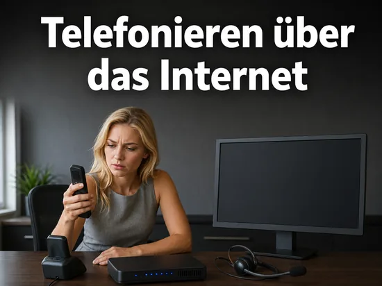 Frau mit schnurlosem Telefon am Schreibtisch neben Router und Headset, Schriftzug Telefonieren ueber das Internet