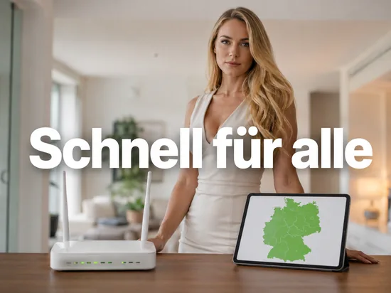 DSL-Router mit gruenen LEDs und Tablet mit gruen eingefaerbter Deutschlandkarte, davor eine Frau