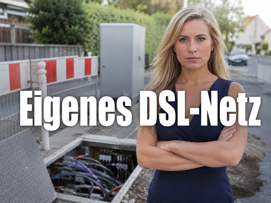 Geoeffneter Kabelschacht mit Datenkabeln und Verteilerkasten in einer Wohnstrasse, davor eine Frau mit ernstem Blick