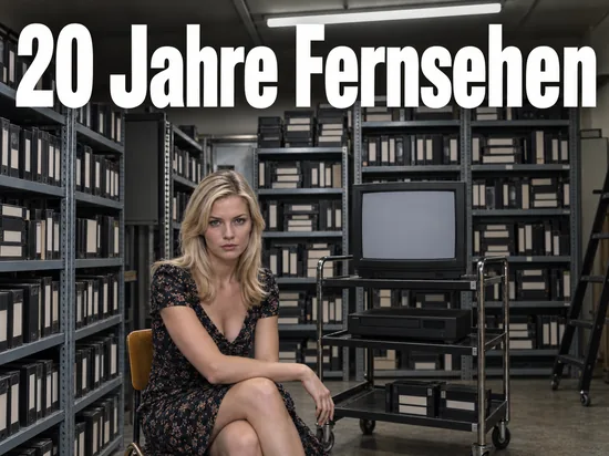 Frau sitzt in einem Archivraum voller Videokassetten neben einem alten Fernseher