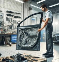 Mechaniker inspiziert recycelte Autot&uuml;r in moderner Kfz-Werkstatt