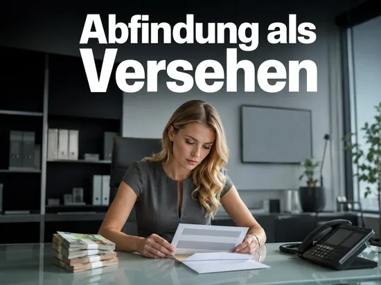 Frau sitzt an einem Schreibtisch und liest einen Ueberweisungsbeleg neben Geldbuendeln