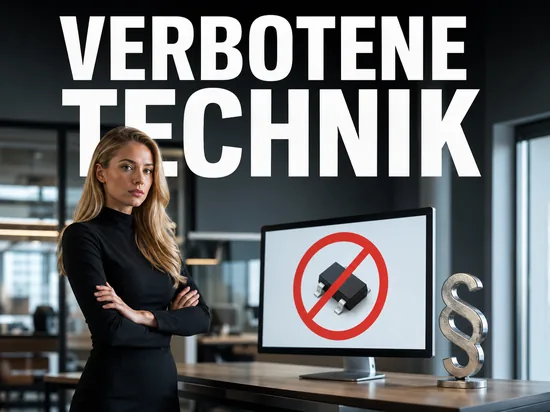 Blonde Frau vor Monitor mit durchgestrichenem Elektronikbauteil neben Paragraphenzeichen, Schriftzug Verbotene Technik