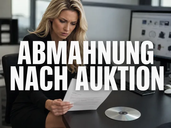 Geschaeftsfrau liest ein Abmahnschreiben, daneben eine DVD und ein Monitor mit Online-Auktionsseite