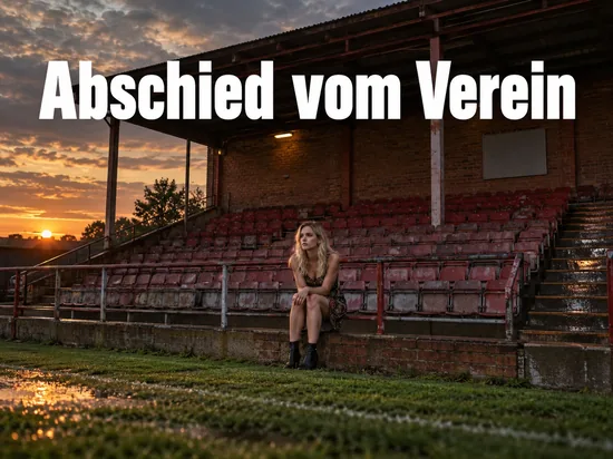Frau im Kleid sitzt im Abendlicht auf den Stufen einer alten Stadiontribuene