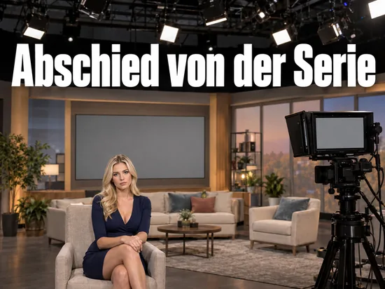 Frau sitzt im Sessel einer Fernsehstudio-Kulisse neben einer Studiokamera