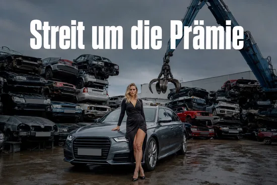 Frau vor einem Neuwagen auf einem Schrottplatz mit gestapelten Altfahrzeugen