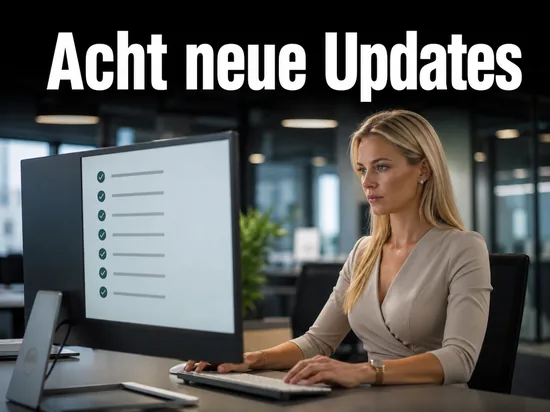 Geschaeftsfrau vor einem Monitor mit Update-Liste und Haken als Symbol fuer acht neue Windows-Updates