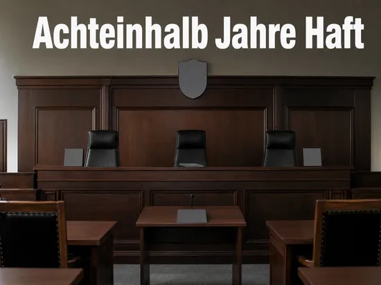 Leerer Verhandlungssaal eines Landgerichts mit Richterbank