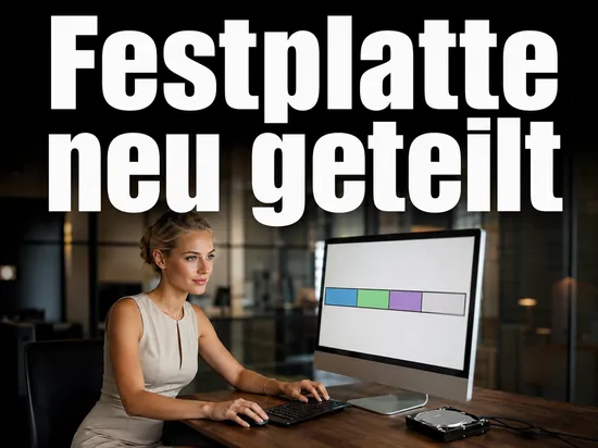 Geschaeftsfrau vor einem Monitor mit farbig unterteiltem Speicherbalken und einer Festplatte als Symbol fuer das neue Partitionsprogramm von Acronis
