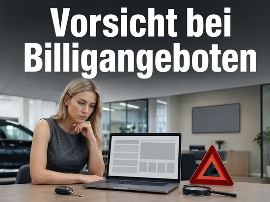 Laptop mit leerer Angebotsseite, Autoschluessel und Warndreieck als Symbol fuer die Warnung vor Billigangeboten