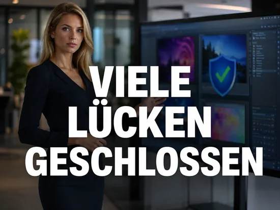 Geschaeftsfrau vor Monitor mit Kreativsoftware und blauem Schutzschild mit gruenem Haken