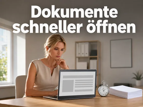 Laptop mit leerer Dokumentansicht und Stoppuhr als Symbol fuer schnelleres Oeffnen von PDF-Dateien