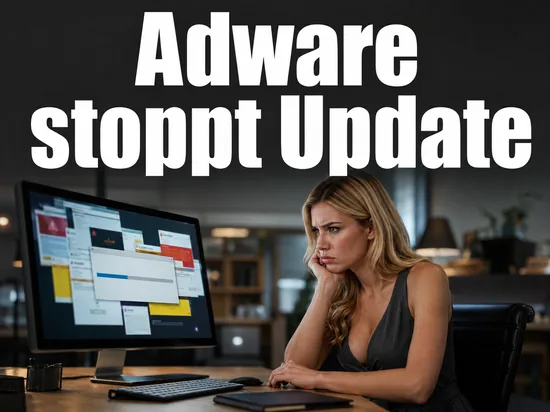 Genervte Geschaeftsfrau vor einem Monitor voller Werbefenster ueber einer abgebrochenen Installation als Symbol fuer Adware, die das Service Pack 2 blockiert
