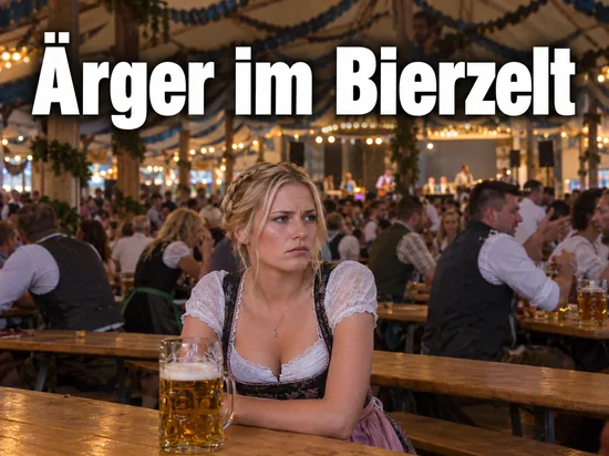 Frau im Dirndl sitzt mit einem Masskrug an einem Tisch im Bierzelt