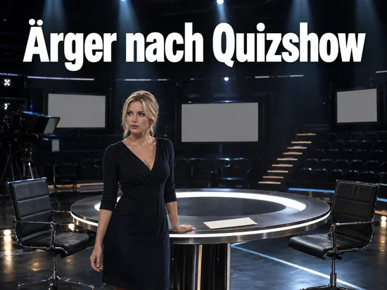 Frau in dunklem Kleid steht an einem runden Studiotisch in einem leeren Fernsehstudio, auf dem Tisch liegt ein Briefumschlag