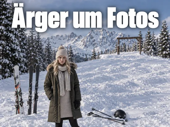 Verschneite Skipiste mit Skiern im Schnee, eine Frau im Wintermantel steht davor