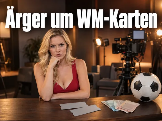 Frau an einem Studiotisch mit zwei Eintrittskarten, Geldscheinen und einem Fussball