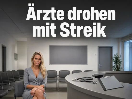 Frau im leeren Wartebereich einer Arztpraxis neben dem Anmeldetresen
