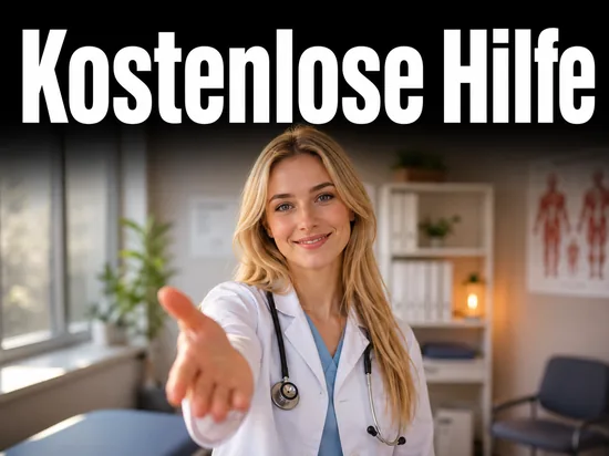Junge blonde Aerztin mit mitfuehlendem Gesichtsausdruck reicht helfend die Hand
