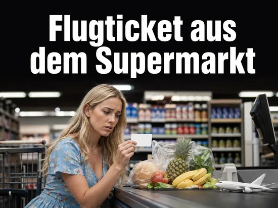 Frau mit Gutscheinkarte an der Supermarktkasse, Schriftzug Flugticket aus dem Supermarkt