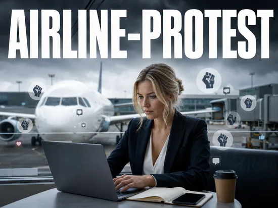 Internet-Kampagne gegen eine Billigairline, entschlossene Geschäftsfrau mit Laptop vor einem Flugzeug am Flughafen