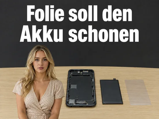 Frau am Tisch mit geöffnetem Handy, Akku und Folie