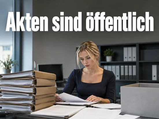 Frau sichtet einen Stapel Aktenordner an einem Schreibtisch