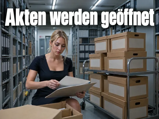 Frau blaettert in einem Aktenarchiv in einem Ordner, daneben ein Wagen mit Aktenkartons