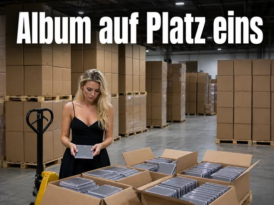 Lagerhalle mit Paletten und Kartons voller CD-Huellen