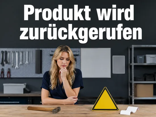 Werkstatttisch mit Hammer und leerem Warnschild als Symbol fuer einen Produktrueckruf