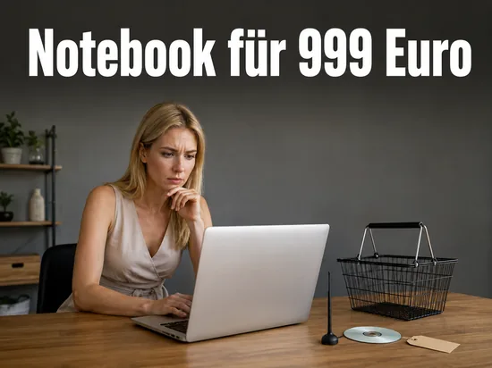 Frau am Tisch mit silbernem Notebook und Einkaufskorb, Schriftzug Notebook fuer 999 Euro