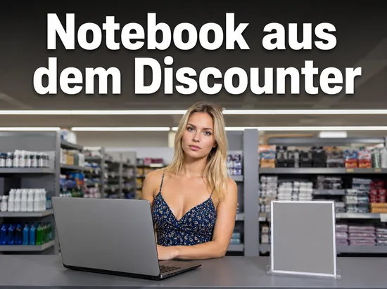Frau im Discounter mit einem Notebook auf dem Ladentisch