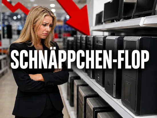 Enttäuschte Geschäftsfrau neben einem Verkaufsregal mit unverkauften Desktop-PCs und rotem Abwärtspfeil, Symbolbild für den Flop der günstigen Aldi-Schnäppchen-PCs