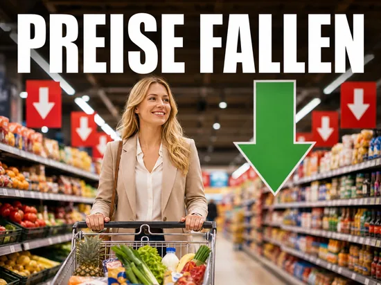 Discounter senkt Preise drastisch, gut gelaunte Geschäftsfrau mit Einkaufswagen vor fallenden Preisschildern