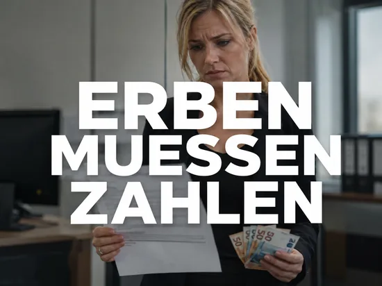 Erben müssen erhaltenes ALG II zurückzahlen, ernste Geschäftsfrau mit amtlicher Rückforderung und Euro-Scheinen