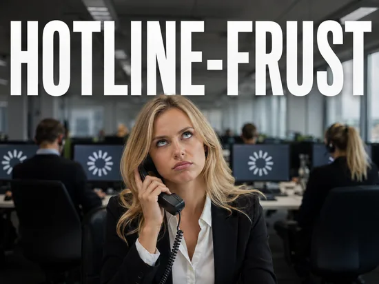 Ärger mit der ALG-II-Hotline ohne individuelle Beratung, frustrierte Geschäftsfrau am Telefon in der Warteschleife