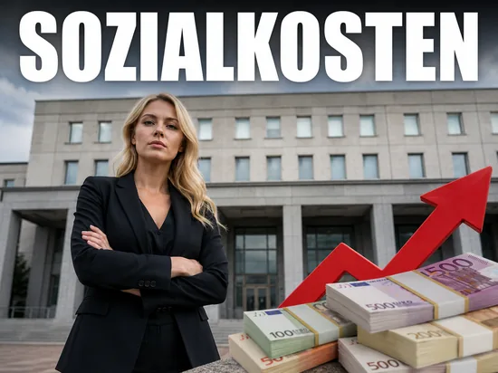 Ernste blonde Geschaeftsfrau vor Behoerdengebaeude mit gestapelten Euro-Geldscheinen und steigendem rotem Pfeil, Symbolbild stark gestiegene Sozialausgaben ueber Plan