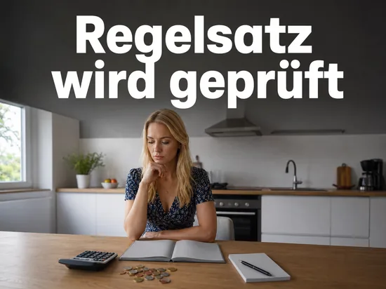 Frau am Küchentisch mit Haushaltsbuch, Münzen und Taschenrechner
