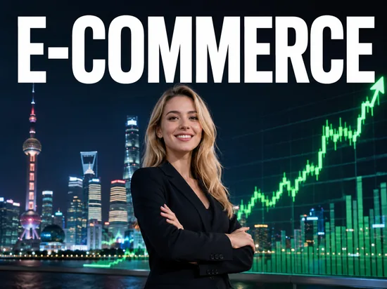 Laechelnde blonde Geschaeftsfrau vor steigendem gruenem Aktienkurs und asiatischer Skyline bei Nacht, Symbolbild chinesischer E-Commerce-Konzern Alibaba