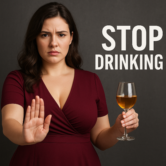 Junge Frau mit entschlossener Miene in bordeauxrotem Kleid h&auml;lt ein Weinglas und signalisiert mit der Hand &bdquo;Stopp&ldquo;, daneben steht der Schriftzug &bdquo;Stop Drinking&ldquo;.
