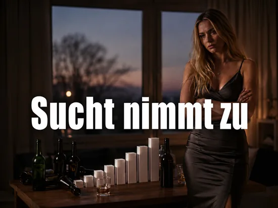 Leere Wein- und Bierflaschen mit einem steigenden Balkendiagramm auf einem Tisch bei Daemmerung, davor eine Frau mit besorgtem Blick