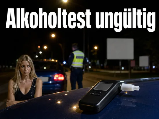 Atemalkohol-Messgerät auf der Motorhaube eines Autos bei einer nächtlichen Verkehrskontrolle