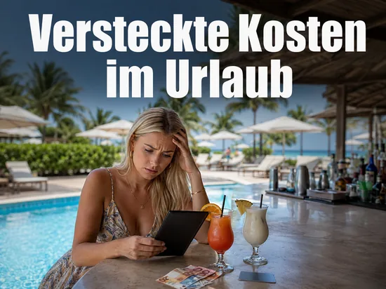 Frau mit Rechnung an einer Poolbar mit Cocktails und Geldscheinen, Schriftzug Versteckte Kosten im Urlaub