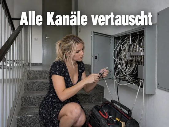 Frau arbeitet an einem geöffneten Kabelverteilerkasten im Treppenhaus