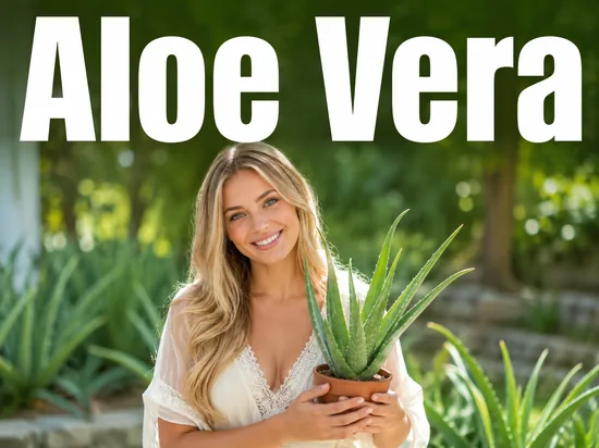 Junge blonde Frau haelt laechelnd eine Aloe-Vera-Pflanze als Symbol fuer natuerliche Heilkraft