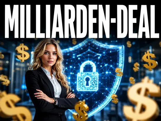 Blonde Geschaeftsfrau vor Cyber-Security-Symbol und Geld, Symbolbild Milliarden-Uebernahme